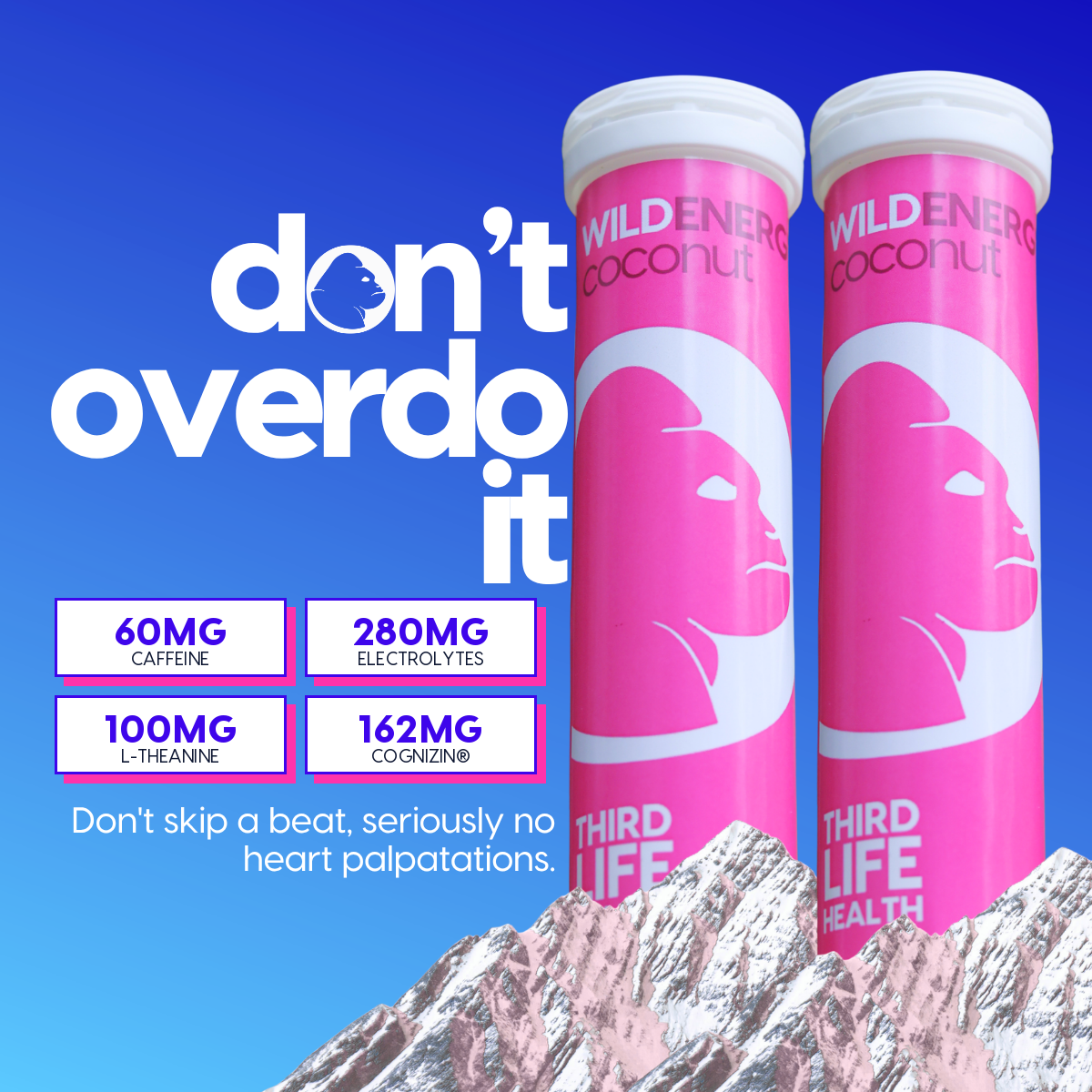 WildEnergy Coconut, Don't overdo it, with 60mg caffeine, 280mg electrolytes, 100mg L-theanine and Cognizin cards